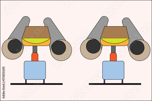 Two cute cartoon robots with big eyes, standing side by side, looking forward