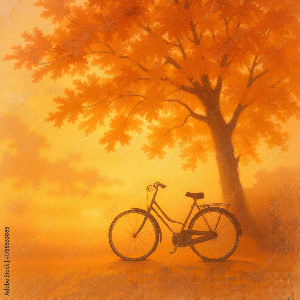 Fototapeta premium Vintage bicycle leaning against a tree with autumn leaves 