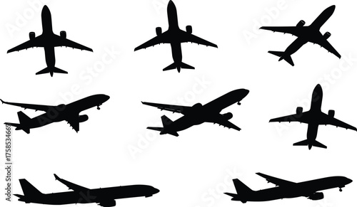 Airplane silhouette vector set showing commercial aircraft from different angles, perfect for aviation, travel, transport, and airport design illustrations.