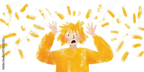 Drawing of a person with messy hair and a yellow shirt, panic on their face