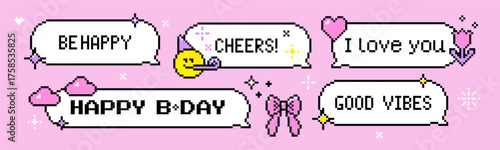 Pixel speech bubbles with text and emoji. Cheers, Happy B-day, Be happy, I love you. Partying emoticon face, party horn. Retro game 8 bit celebration messages for social media on pink background
