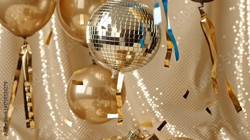 Happy New Year 2026. Gold inflatable numbers 2026, gifts, gold balloons, confetti, and a mirror ball. New Year's composition on a beige background. Luxurious 2026 balloons. Happy New Year!