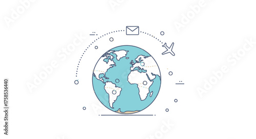 Flat line art illustration of worldwide airmail delivery and international travel, with a plane and envelope icon orbiting the Earth