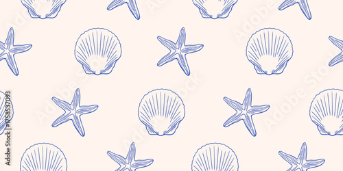 Seamless nautical pattern. Line art seashells, starfish on beige background. Simple coastal marine print design. Ocean themed fabric texture. 