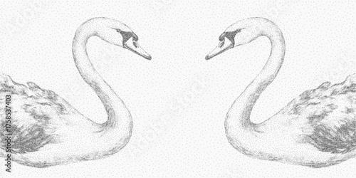 Two swan figures. Distressed ink form with rough stipple faded threshold and grainy paper texture. Dust and scratches spread across the worn shape.