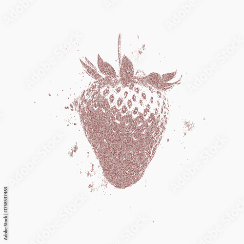 Red strawberry pattern with strong ink fill, rough halftone dots and dusty specks, grain texture over paper noise with visible threshold edges.