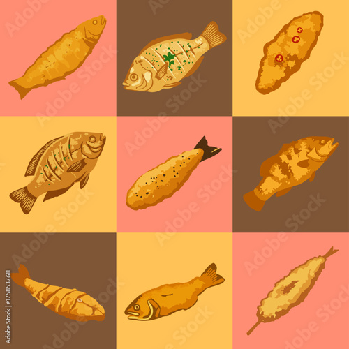 set illustration vector graphic of fried fish