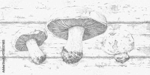 Handdrawn mushroom drawings on a wooden surface with vintage grainy texture, subtle dust and speckled grit overlay creating an aged grunge atmosphere.