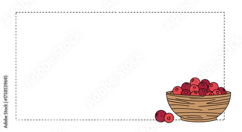 Frame with Red cranberries in a wooden bowl in the lower right corner against a blank white background