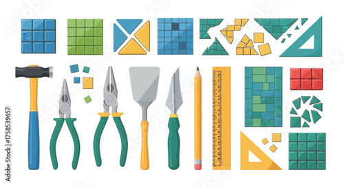 Various Tools and Geometric Mosaic Tiles for Home Improvement and Craft Projects