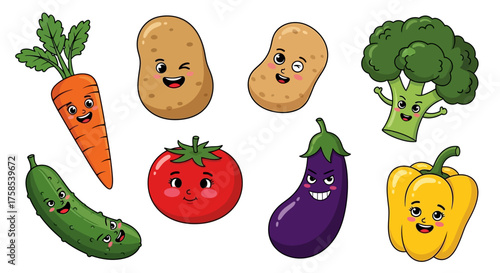 Whimsical Cartoon Vegetables Collection with Happy Faces - Adorable Farm Fresh Produce Illustration Set for Kids and Healthy Eating Concepts