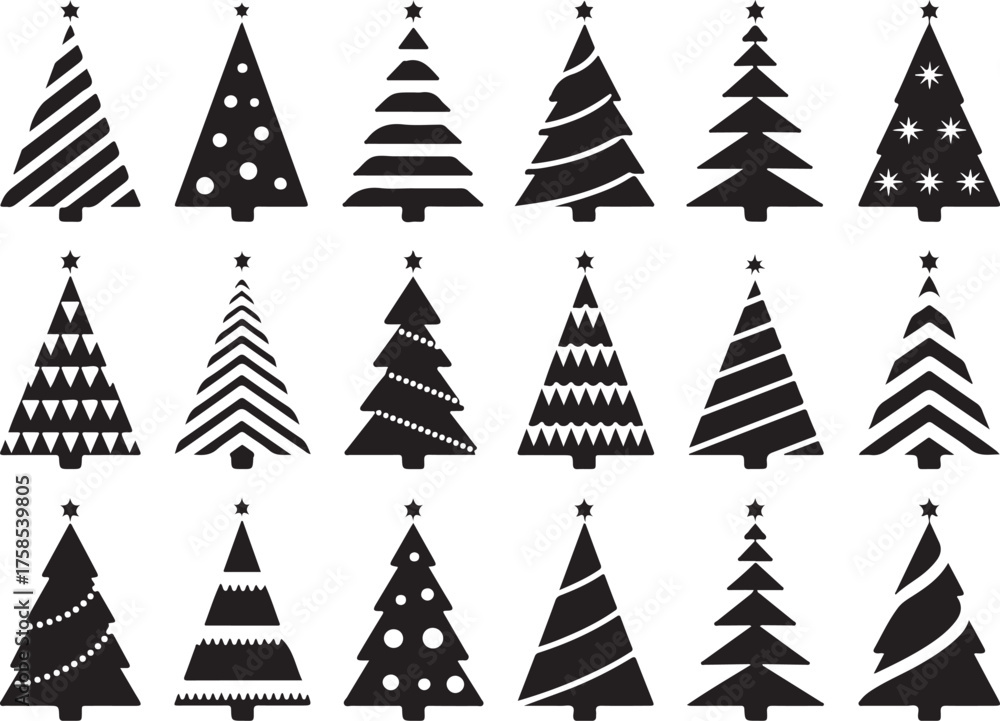 Obraz premium Christmas Tree Icons Set – Black Silhouettes