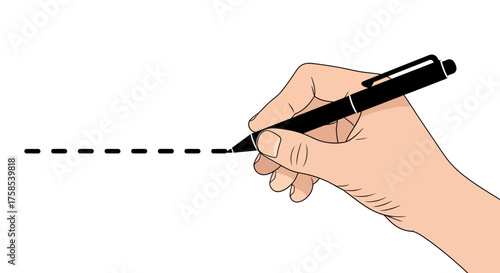 Illustration of a hand holding a pen and drawing a dashed line, representing a starting point, planning, or signing a document