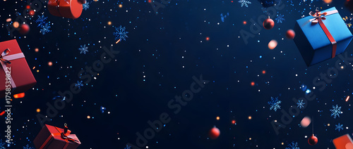 Christmas background with present boxes, decorations, and snowflakes on a dark blue background. Christmas card concept. 