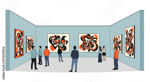 Illustration of visitors exploring a modern art gallery exhibition with bold abstract paintings