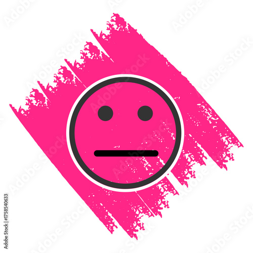 Modern flat design of a neutral expression face icon, symbolizing an indifferent mood on a vibrant pink textured brush stroke background