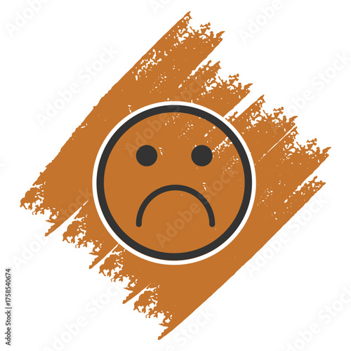 Vector illustration of a sad face emoticon on a textured grunge brush stroke background, representing negative feedback and dissatisfaction