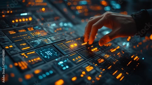 Hand Interacting with Futuristic Control Panel with Glowing Buttons and Digital Displays.