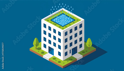 Isometric illustration of modern building with rooftop pool and greenery  