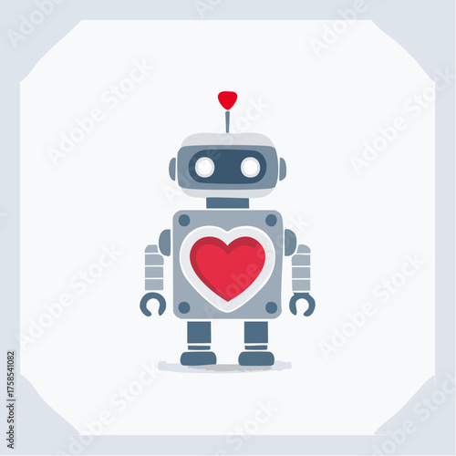 Cute gray robot character with a red heart on its chest in a bright studio, representing love and companionship.