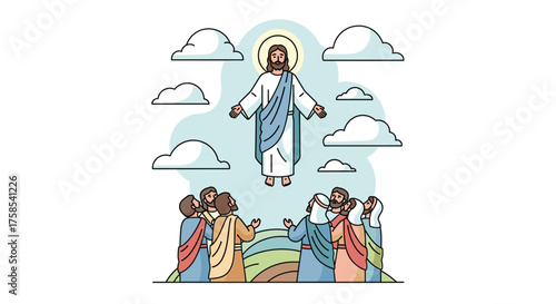 The ascension of jesus christ, a depiction of jesus rising to heaven surrounded by clouds, as his disciples watch from below