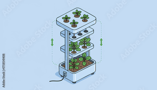 Isometric illustration of a vertical farming system. Hydroponics and smart agriculture concept. Modern indoor garden for home cultivation vector graphic
