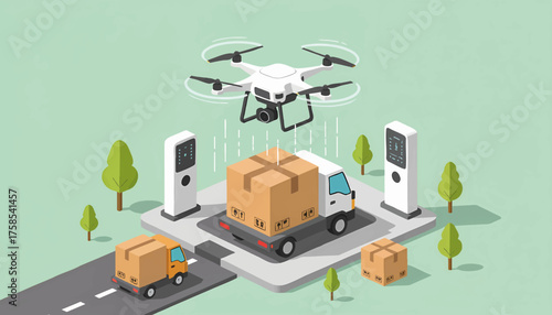 Isometric illustration of drone delivery and logistics. Autonomous shipping and supply chain technology concept. Flat design vector graphic