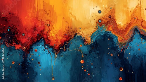Abstract Splattered Paint Canvas Evokes Fiery Sunset Over Blue Waters