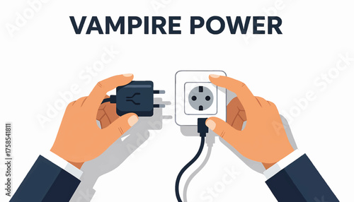 Vampire power concept showing hands unplugging a charger from a wall socket. Energy saving and electricity conservation flat vector illustration.