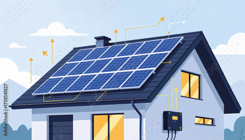 House with solar panels on the roof. Renewable green energy and sustainability concept. Flat design vector illustration of a residential power system.