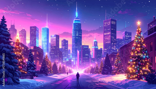 A wintery street with glowing Christmas trees and city skyline. Snow-covered streets illuminated by vibrant holiday lights. Festive city with sparkling lights and a lone figure on the street
