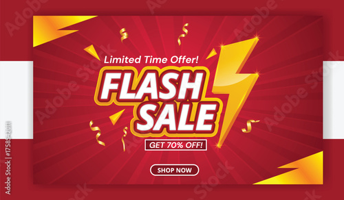 Flash sale banner template with lightning bolt isolated on white background