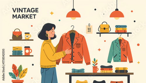 Woman shopping for clothes at a vintage market. Secondhand fashion and sustainable lifestyle concept. Flat design vector illustration