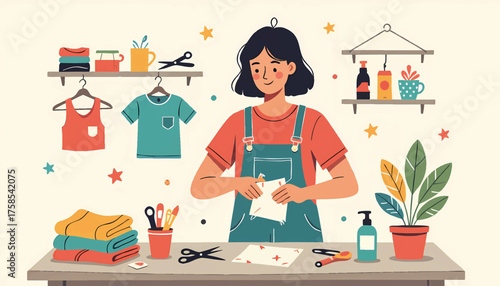 Woman crafting and upcycling clothes at a creative workspace. Flat design vector illustration of a DIY hobby. Sustainable fashion and handmade concept.