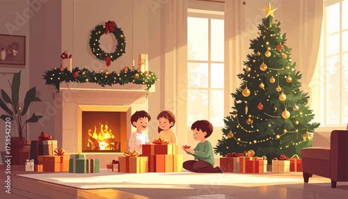 Children unwrapping gifts under the Christmas tree. Family time on Christmas with kids and gifts. Festive holiday celebration with children and presents. Warm Christmas ambiance