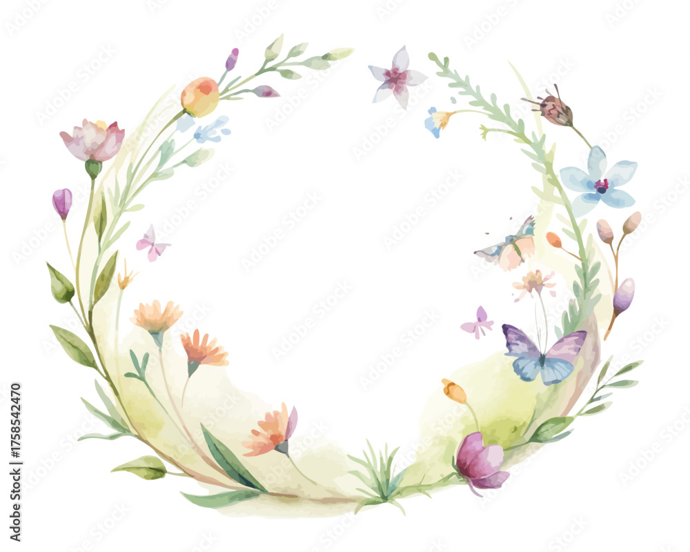 Fototapeta premium Wildflower Watercolor Circle Frame with Butterflies isolated on white background