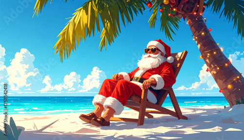 Santa soaking up the sun on a beautiful tropical beach. Santa enjoying beach vibes with no drink in hand. Relaxing Christmas: Santa on a quiet tropical beach. Santa rests on the beach
