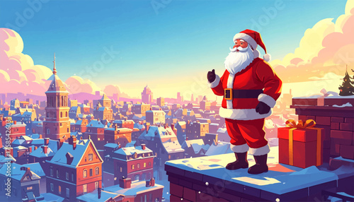Santa standing proudly on a snowy rooftop at sunrise. Santa prepares for his Christmas Eve journey under a clear sky. Santa Claus ready to spread Christmas cheer from the rooftop