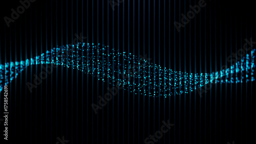Fototapeta Naklejka Na Ścianę i Meble -  Abstract blue wave of particles behind vertical lines on a black background creates a modern design 3d illustration, 3d abstract background