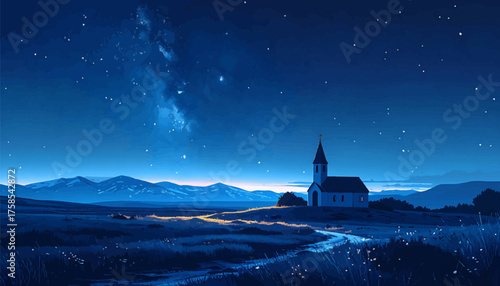 Rural church shining under a starry night sky with a glowing path. Starry sky and tranquil chapel surrounded by a natural landscape. Milky Way view over a church in a calm, quiet countryside setting
