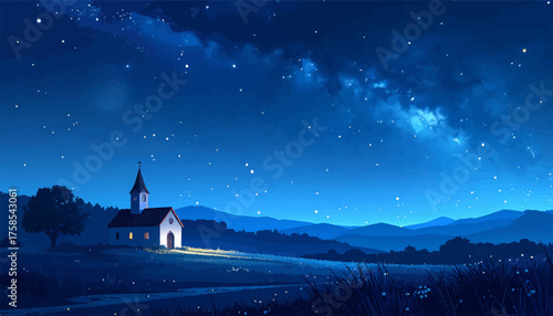 A church bathed in the glow of the night stars. Under a vast sky, a church stands beneath sparkling stars. A calm and clear night sky with a distant church