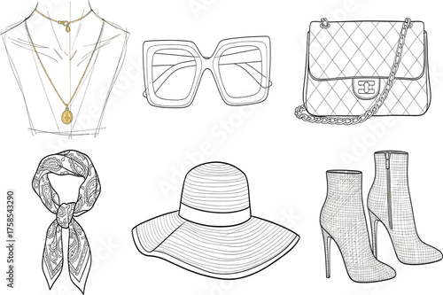 Hand-Drawn Fashion Accessories Vector Set: Sketchy Jewelry, Sunglasses, Bag, Hat, and Boots.
