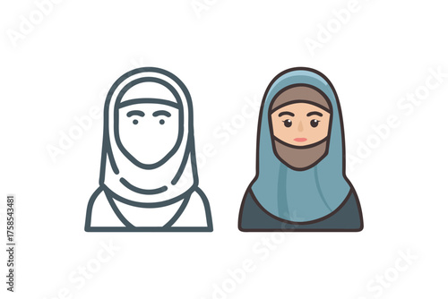 Two depictions of a woman wearing a traditional islamic headscarf