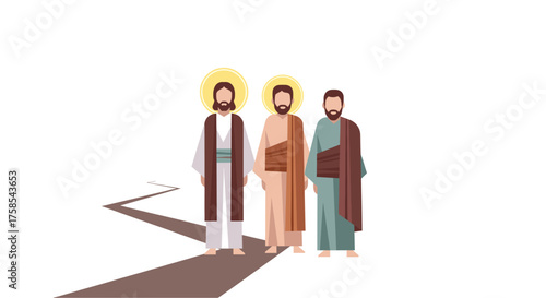 Jesus christ walking with two disciples on the road to emmaus, sharing the scriptures and revealing himself