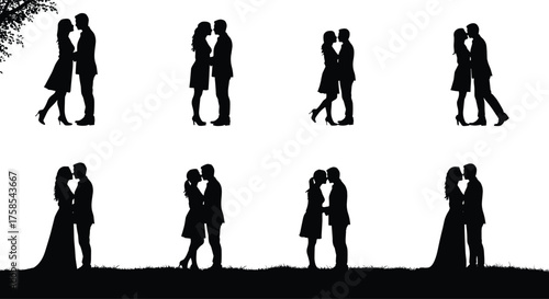Romantic couple silhouette vector collection, man and woman kissing and hugging poses, love relationship illustration for Valentine’s Day, wedding, romance, and affection concept design
