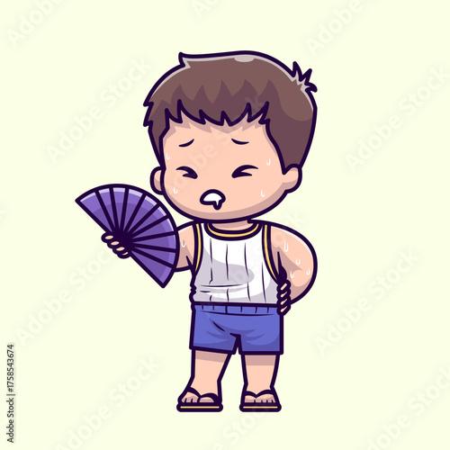 Cute Boy Stiflingly Hot Holding Handheld Fan Cartoon