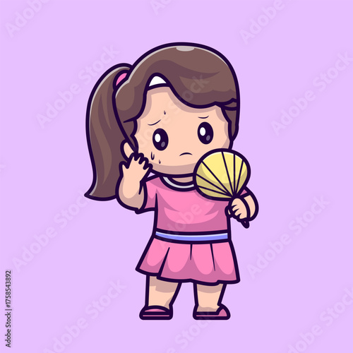 Cute Woman Stiflingly Hot Holding Handheld Fan Cartoon