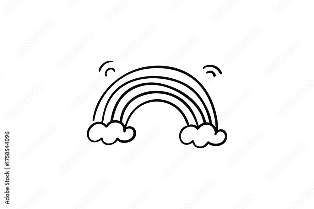 Obraz premium Simple black and white illustration of a rainbow with fluffy clouds below