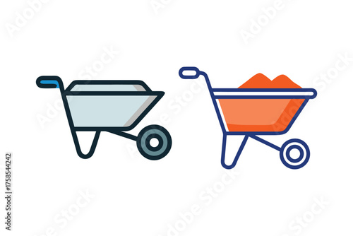 Two wheelbarrows one empty and one filled with orange material