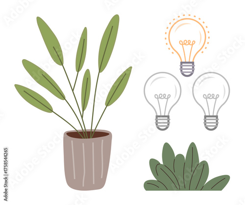 Potted plant with broad leaves, glowing light bulb among unlit ones, and small shrub. Ideal for innovation, nature, sustainability, growth, creativity eco ideas and energy concepts. Simple flat